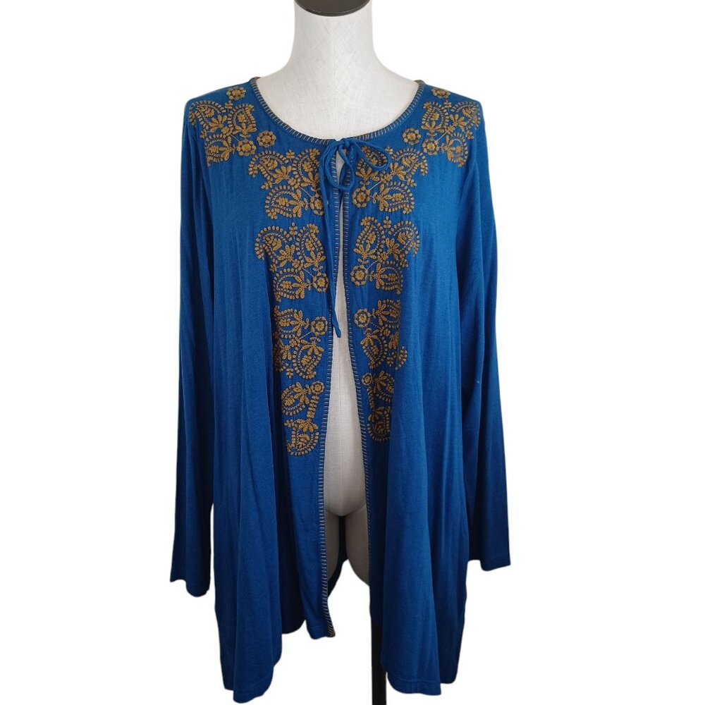 LOGO by Lori Goldstein Cardigan Blue Embroidered Open Front‎ w Pockets Womens 1X